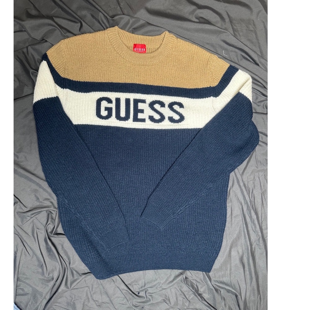 Guess Los Angeles Mens Colorblock Logo Knit Sweater Navy Blue Cream Tan Large